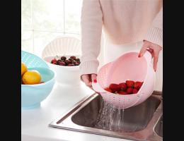 PUSH! 廚房用品 有加蓋水果蔬菜麵條清洗籃瀝水籃洗菜籃(大號)D50-2粉色