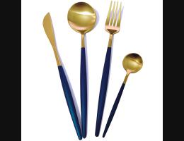 PUSH!餐具不鏽鋼藍金刀叉勺子4件套E109-3