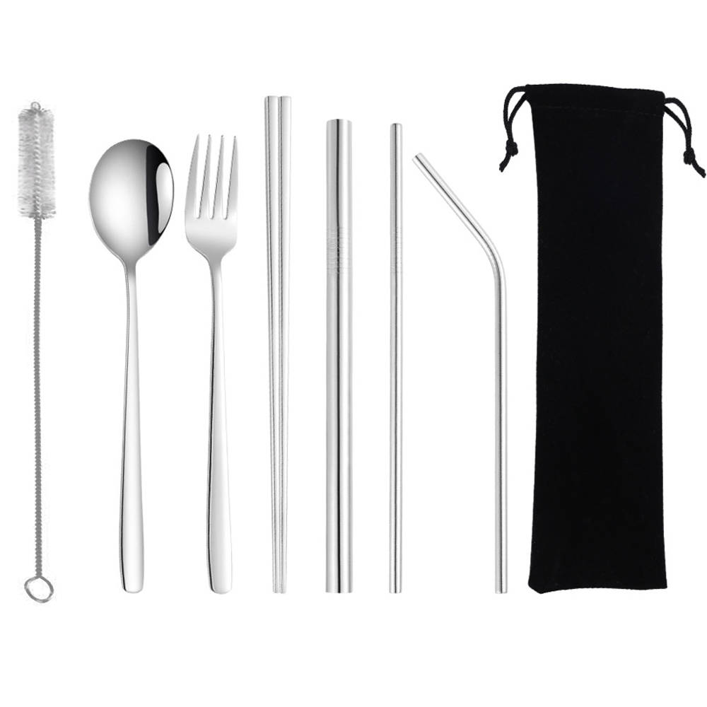 PUSH!餐具用品鍍鈦環保彩色304不鏽鋼勺子筷子套裝吸管8件套裝E135(一套組)