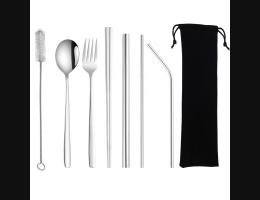 PUSH!餐具用品鍍鈦環保彩色304不鏽鋼勺子筷子套裝吸管8件套裝E135(一套組)