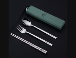PUSH!餐具廚房用品304不銹鋼叉子勺子筷子三件套勺叉便攜餐具套裝E178綠色