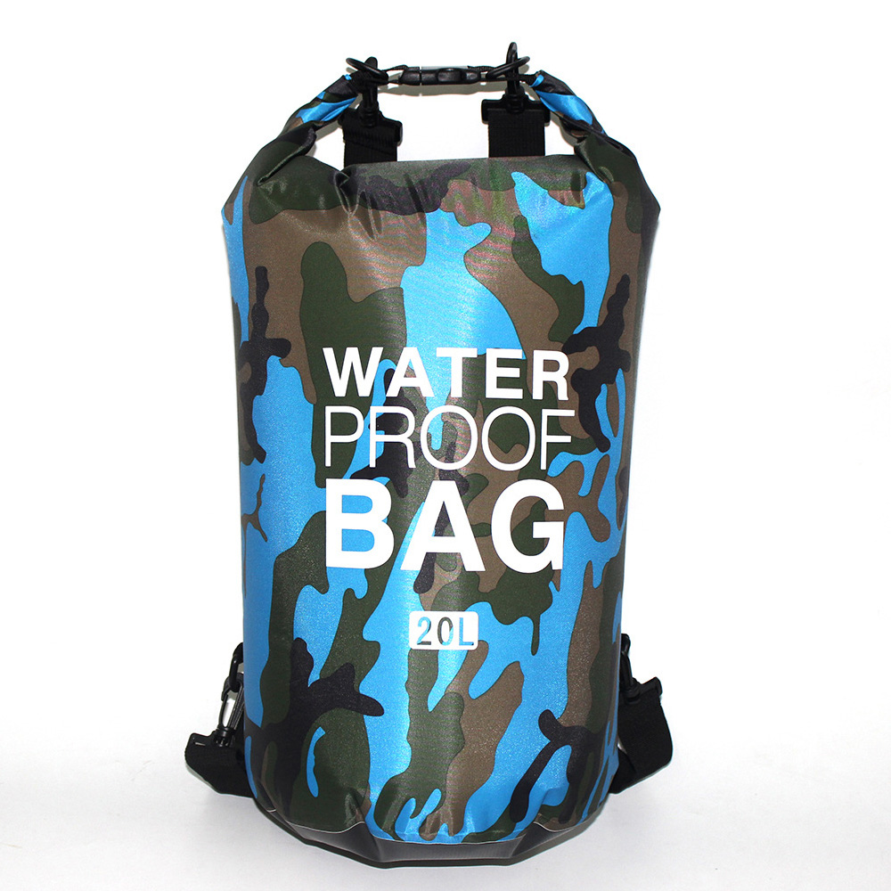 PUSH!戶外用品迷彩單肩手提防水包袋20L溯溪包漂流袋防水桶包P132-4淺藍迷彩