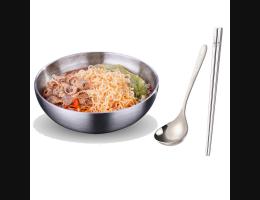 PUSH!餐具304不銹鋼碗加厚雙層隔熱湯碗沙拉碗泡麵碗筷勺組合大號E166-1